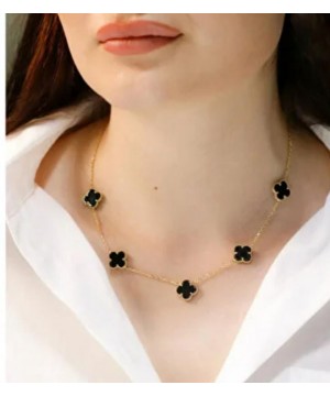 Gold Detaylı Siyah Yonca Kolye 